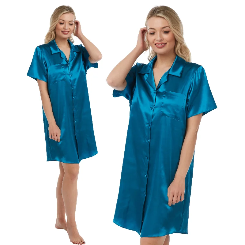 women's pajamas with a touch of whimsical funPlain Teal Petrol Blue Shiny Silky Sexy Satin Nightshirt Nightie Short Sleeve Negligee PLUS SIZE