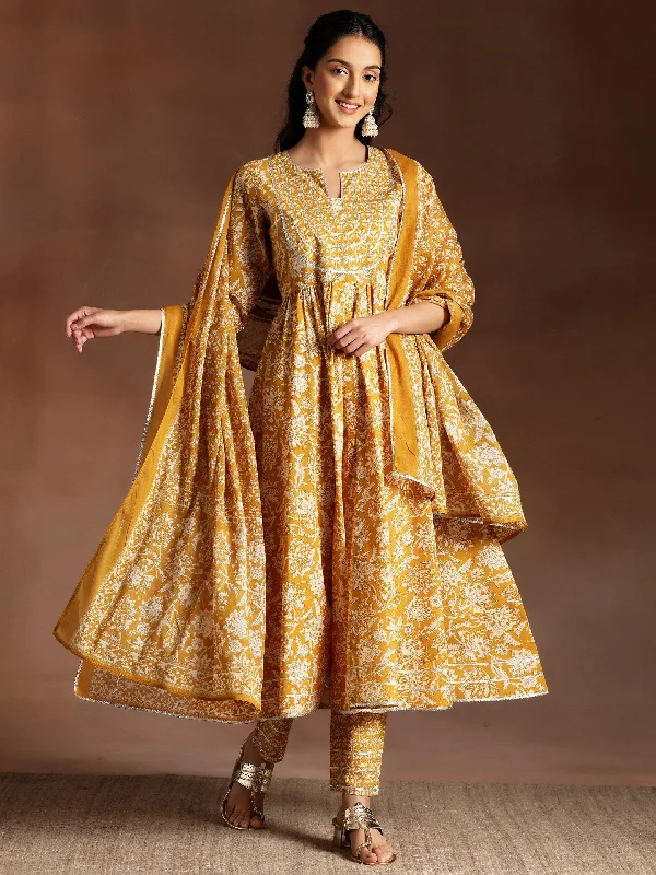 Women's Jumpsuits with Mandarin CollarMustard Printed Cotton Anarkali Suit With Dupatta