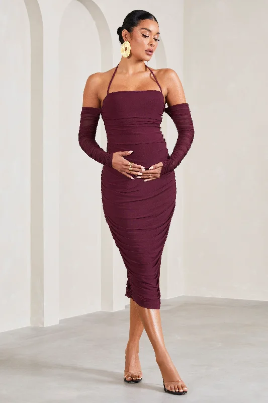 Women's High Collar DressesPixie | Burgundy Ruched Long-Sleeved Halter-Neck Maternity Midi Dress