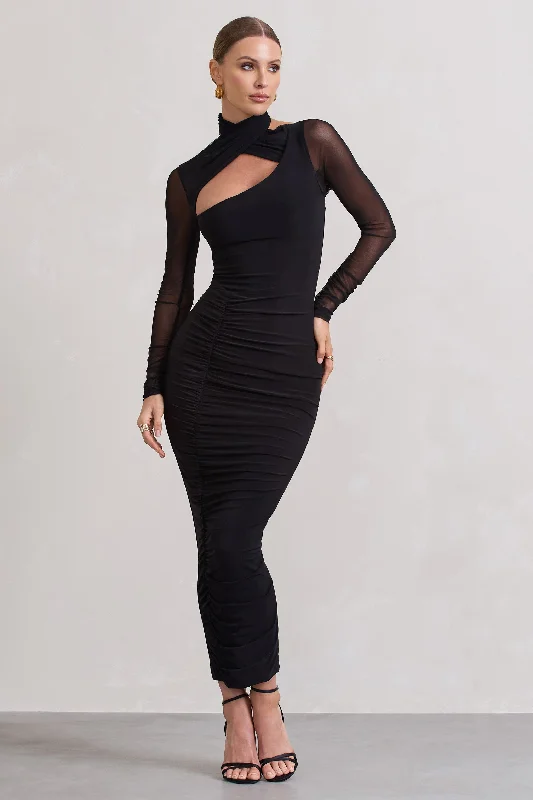 Women's Bodycon DressesUnder Wraps | Black Ruched Cut Out Long-Sleeve Midi Dress