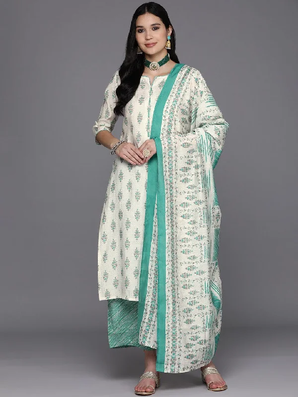 Women's Jumpsuits with Lapel CollarCream Printed Silk Blend Straight Kurta With Palazzos & Dupatta