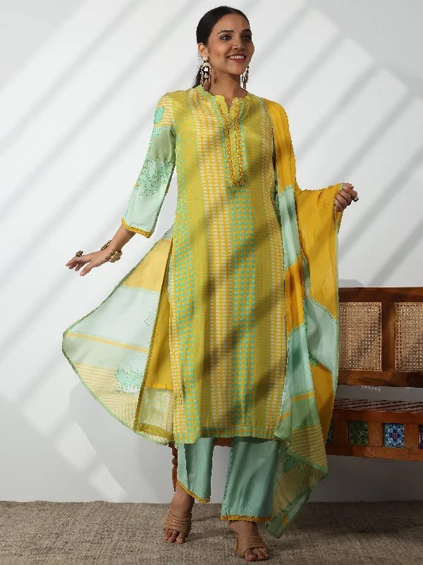 Women's Jumpsuits with Long LengthYellow Printed Cotton Blend Straight Suit With Dupatta