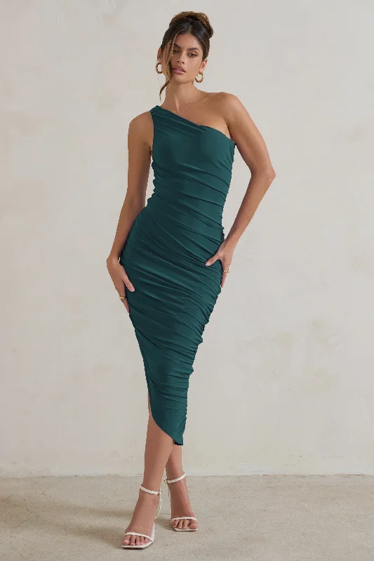 Women's Bell-Sleeve DressesDorit | Bottle Green One Shoulder Asymmetric Ruched Midi Dress