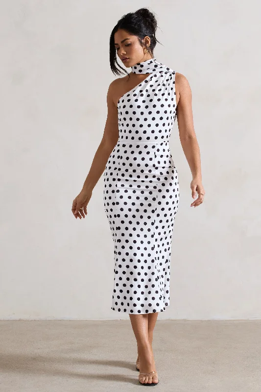 Women's Sweetheart-Neck DressesGolden Girl | White Polka Dot One Shoulder High-Neck Flared Midi Dress