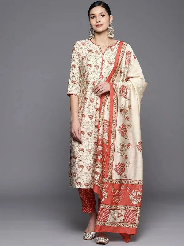 Women's Jumpsuits with Collarless NeckBeige Printed Silk Blend Straight Kurta With Trousers & Dupatta