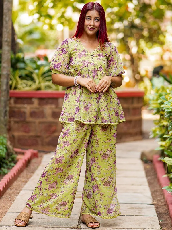 Women's Jumpsuits with Square NeckGreen Printed Georgette Co-Ords