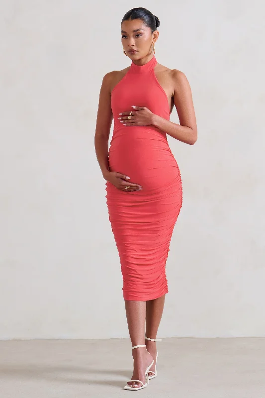 Women's Square-Back DressesChrissy | Coral Maternity Halterneck Ruched Midi Dress