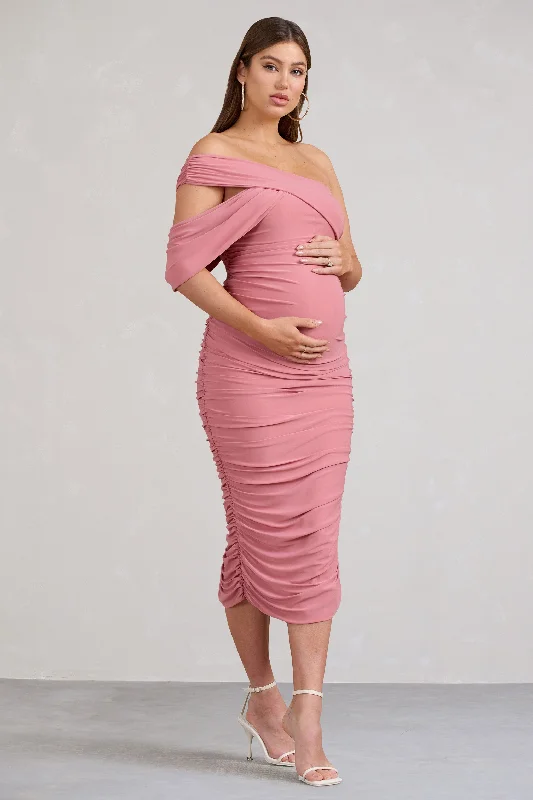 Women's Boat-Neck DressesCici | Blush Pink Asymmetric Ruched Maternity Midi Dress