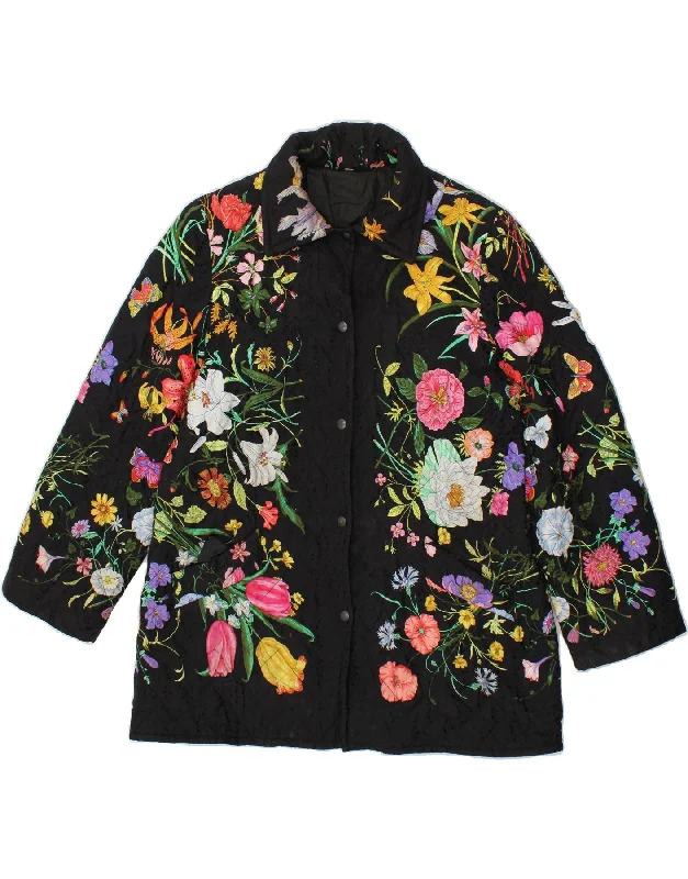 Women's Denim CoatsVINTAGE Womens Graphic Quilted Jacket UK 18 XL Black Floral Polyester