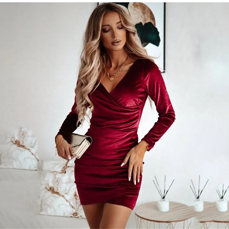 Women's Empire Waist DressesFashionSierra - Casual V-neck Long Sleeve Bodycon Party Dress