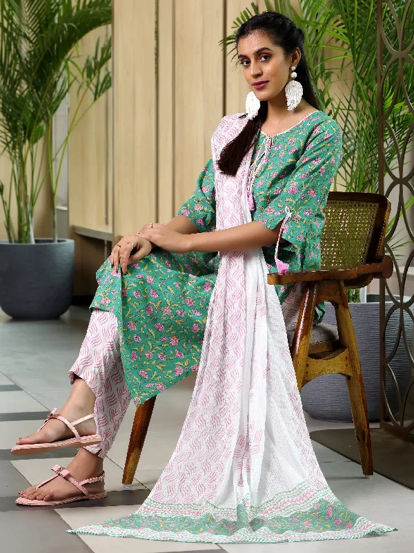 Women's Jumpsuits with Low WaistGreen Printed Cotton Straight Suit With Dupatta