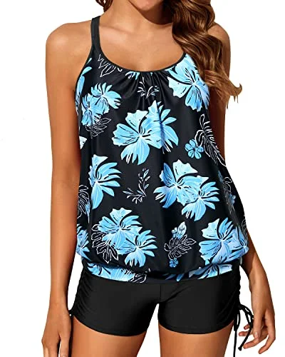 Slimming Adjustable Shoulder Straps Blouson Tankini Bathing Suits-Black Blue Floral