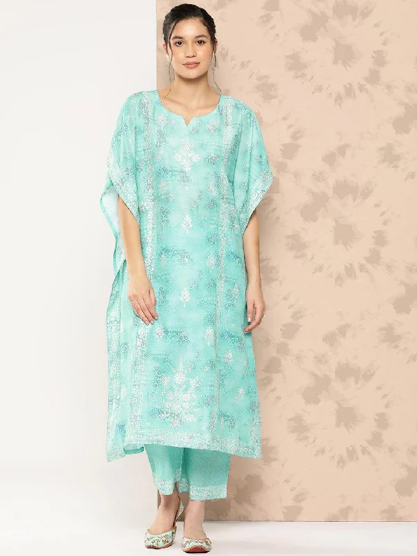 Women's Short-Sleeve JumpsuitsSea Green Printed Silk Blend Kaftan Kurta With Trousers