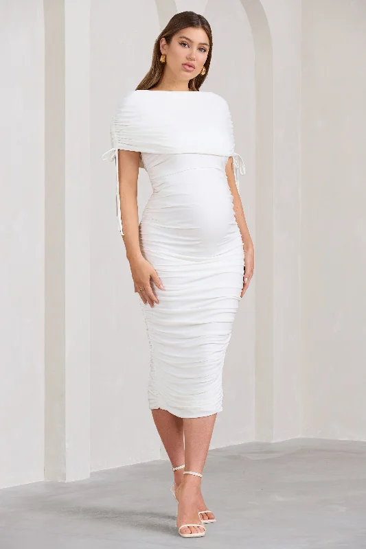 Women's V-Back DressesRoxanne | White Ruched Bardot Maternity Midi Dress