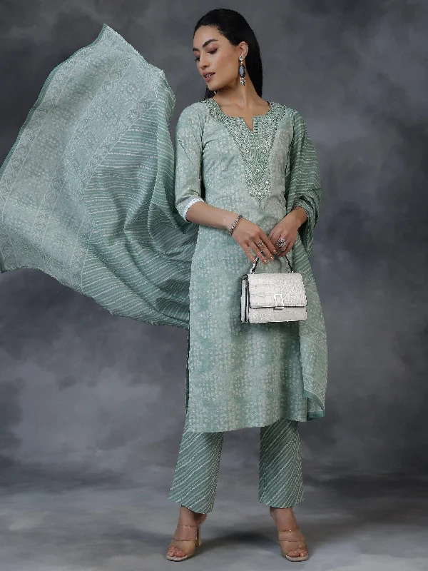 Women's Jumpsuits with Mandarin CollarGreen Printed Cotton Straight Suit With Dupatta