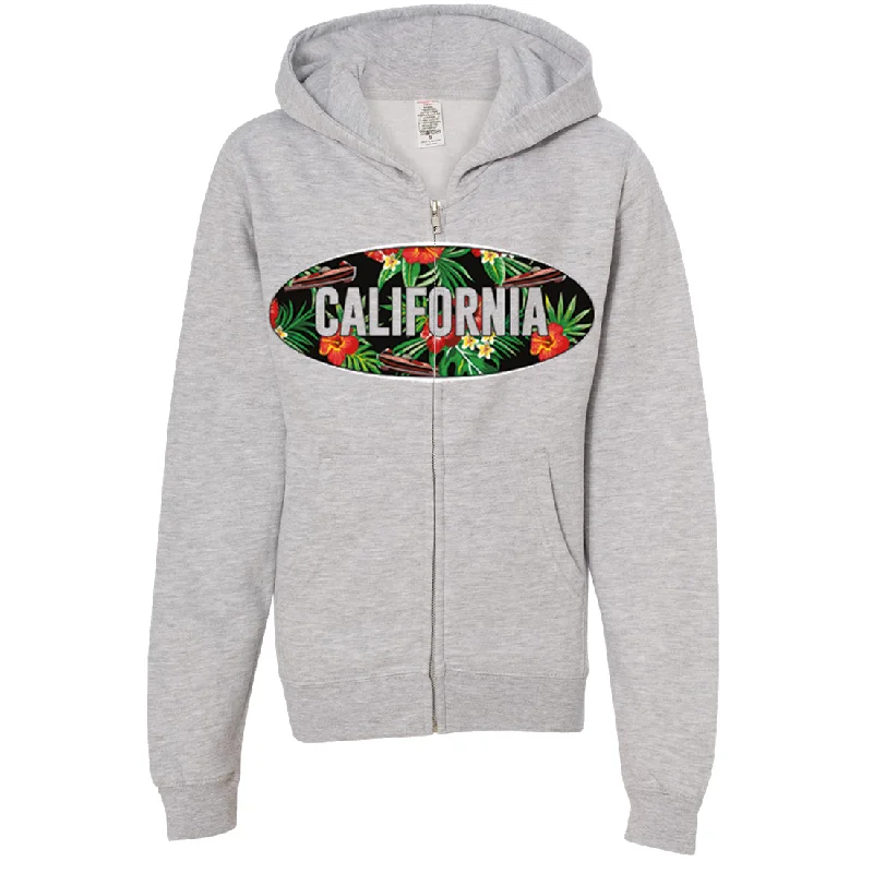 Women's Hooded Sweatshirts with Chevron LiningCalifornia Tropical Flowers Logo Premium Youth Zip-Up Hoodie