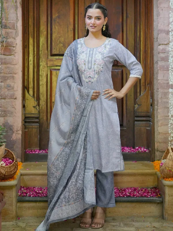 Women's Jumpsuits with V-Shaped HemGrey Yoke Design Cotton Straight Suit With Dupatta