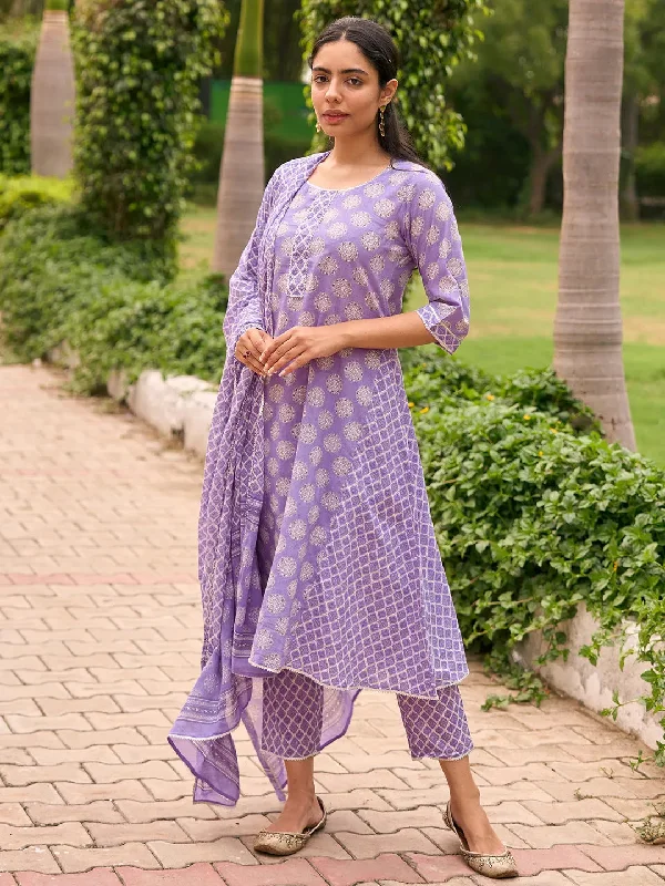 Women's OverallsPurple Printed Cotton A-Line Kurta With Trousers & Dupatta