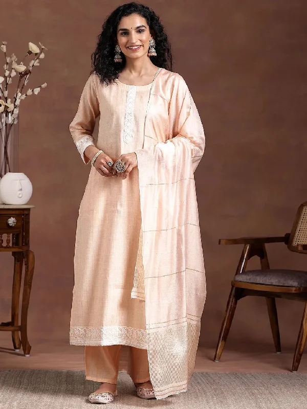 Women's Jumpsuits with Flared LegPeach Embroidered Cotton Blend Straight Suit With Dupatta