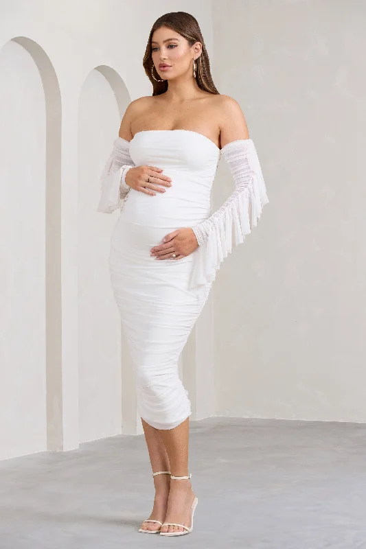 Women's Sweetheart-Back DressesAroma | White Ruched Mesh Maternity Midi Dress With Ruffled Sleeves