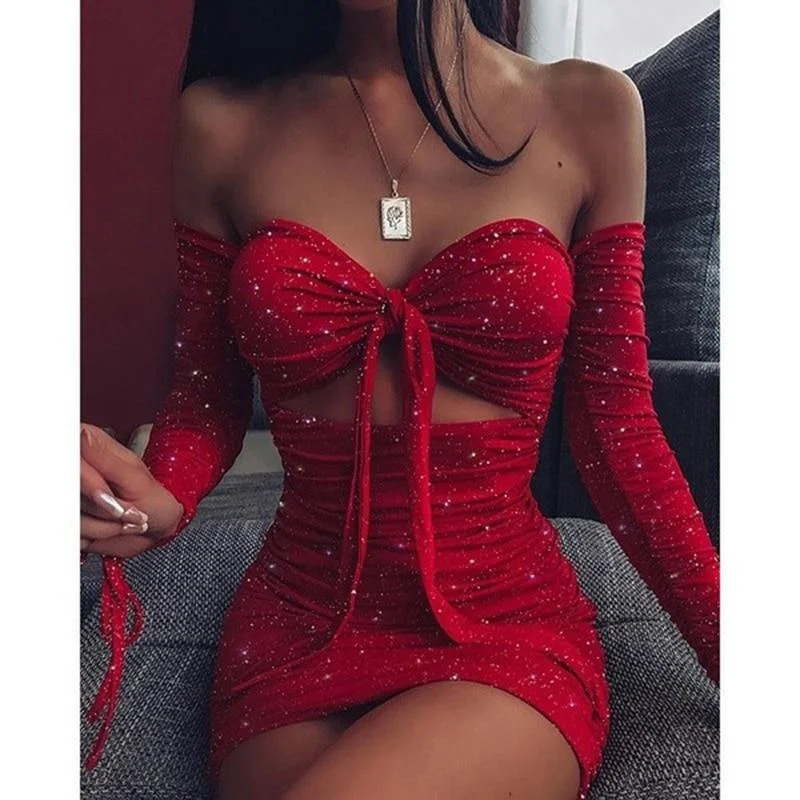 Women's Flared DressesFashionSierra - Off Shoulder Glitter Dress Women Front Lace Up Hollow Out Ruchech Party Dress Stretchy Glittering Sexy Dresses Bodycon Vestidos