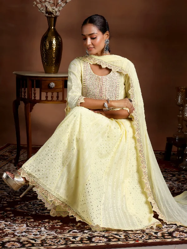 Women's Jumpsuits with High WaistYellow Embroidered Cotton A-Line Kurta With Trousers & Dupatta