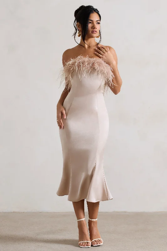 Women's Square Collar DressesOne And Only | Champagne Satin Feather Trim Midi Dress