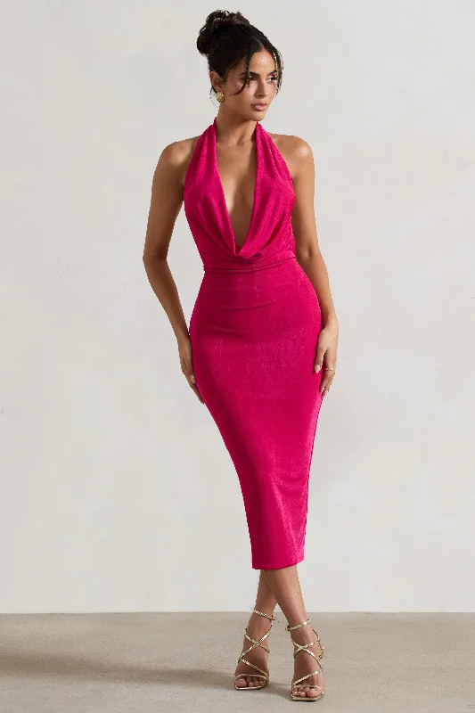 Women's Cut-Out DressesRaleigh | Hot Pink Cowl-Neck Midi Dress