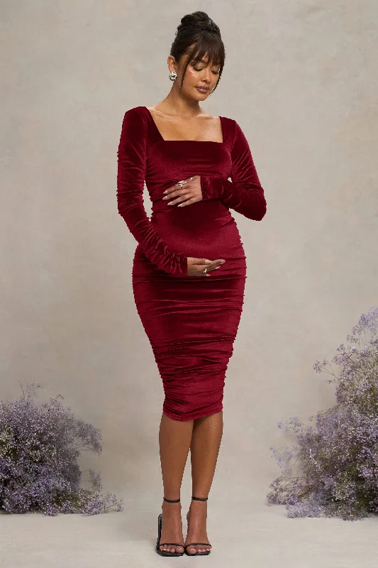 Women's Lapel Collar DressesNew Life | Berry Velvet Maternity Square Neck Ruched Midi Dress