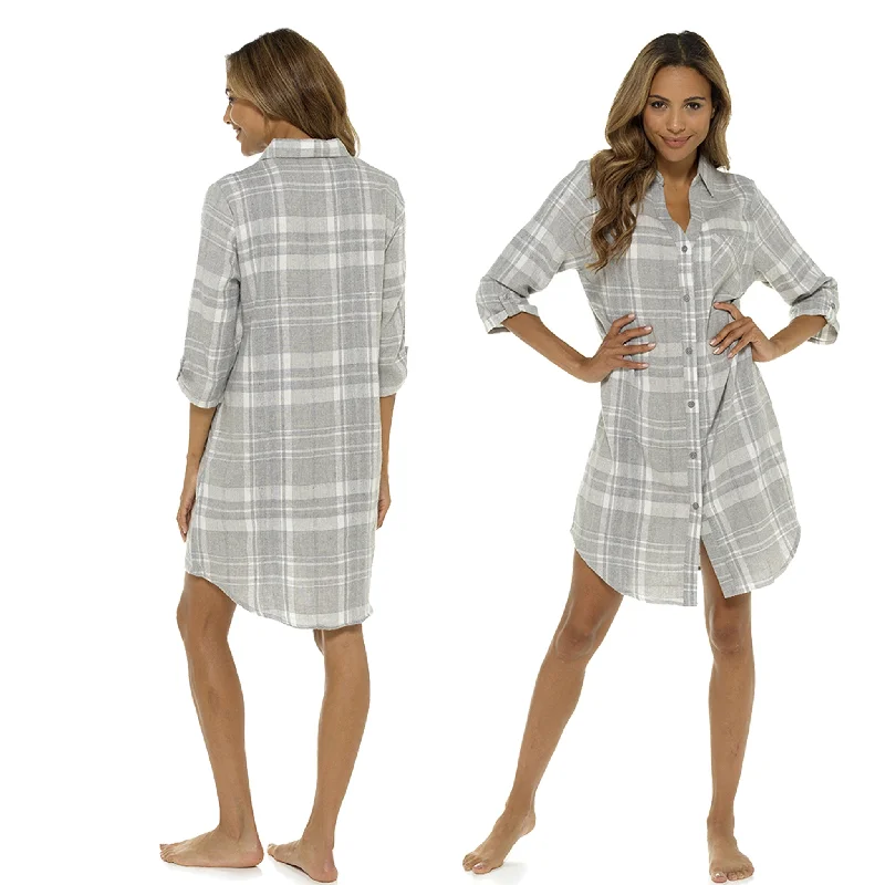 women's pajamas designed for sleepGrey Check Tartan Cotton Nightshirt Short Sleeve Knee Length