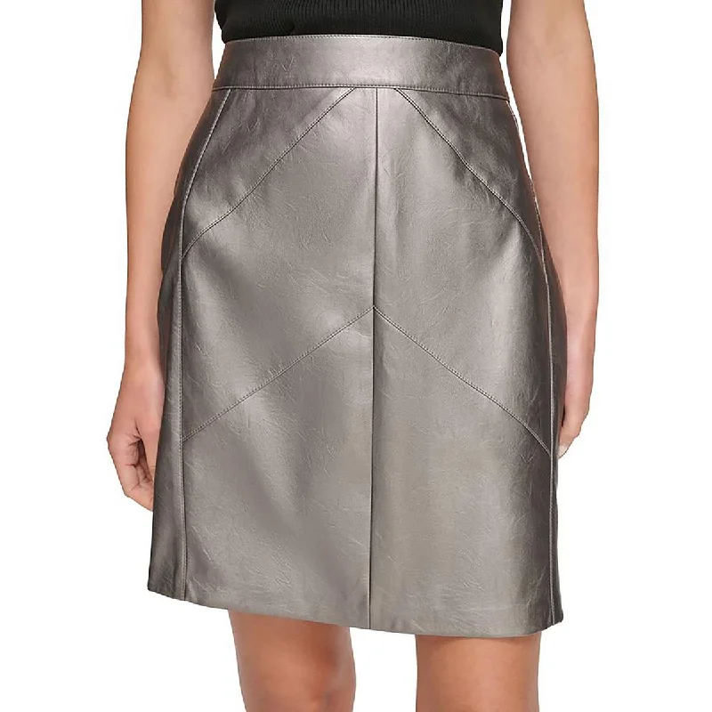 Women's Square Hem SkirtsWomens Faux Leather Chevron Seam Pencil Skirt