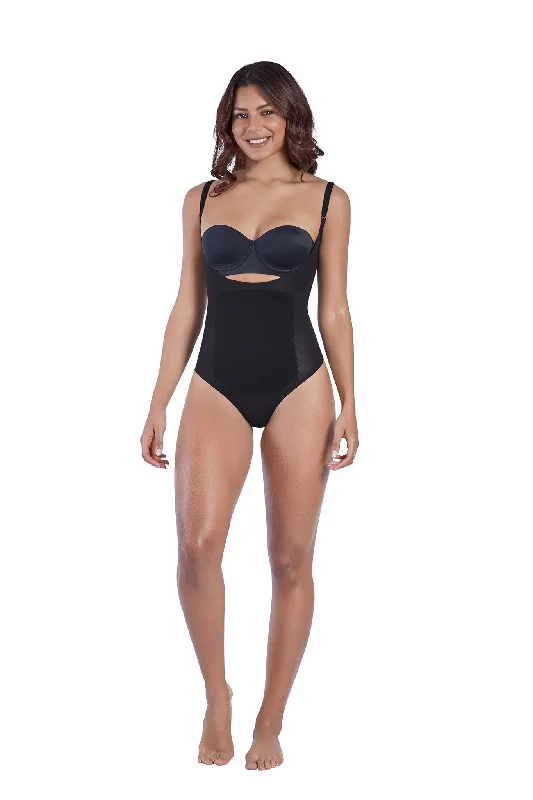 full-body suit with mesh panels for comfortThermal open bust thong bodysuit