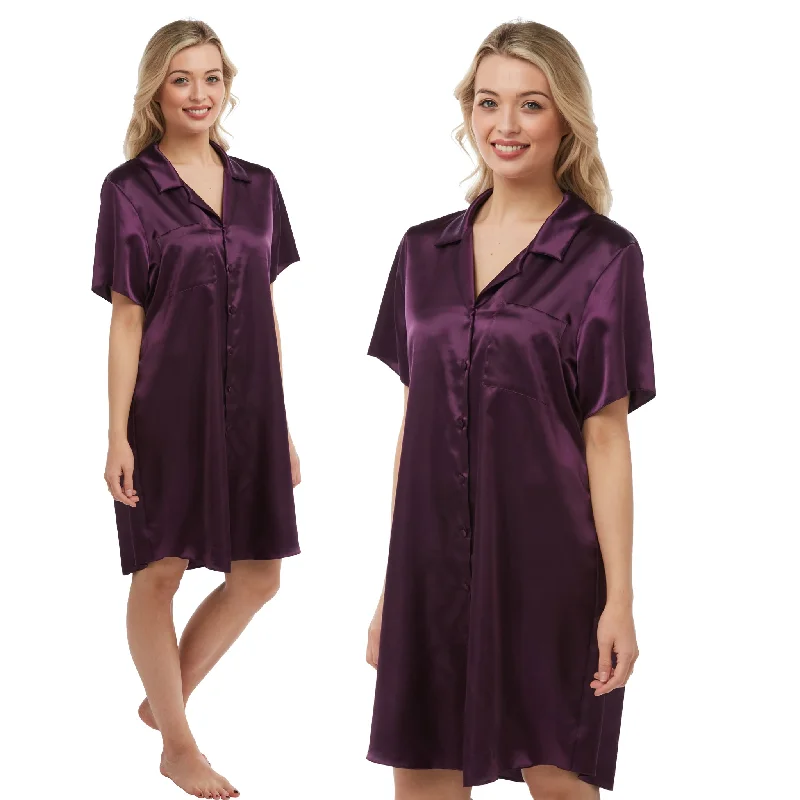 women's pajamas for loungingDeep Purple Sexy Silky Shiny Satin Nightshirt Nightie Short Sleeve Negligee PLUS SIZE