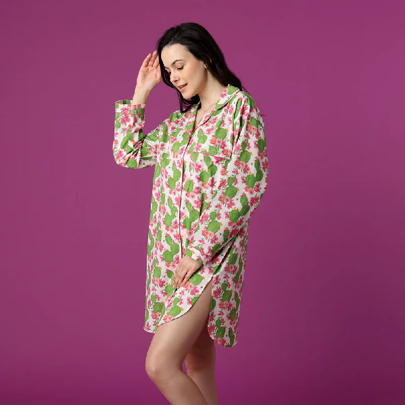 women's button-down pajama shirtsCactus Flower Nightshirt