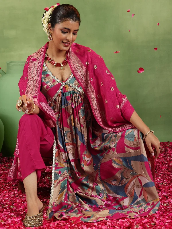 Women's Jumpsuits with PocketsPink Printed Silk Blend A-Line Kurta With Trousers & Dupatta