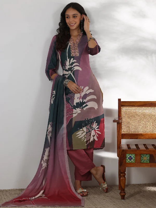 Women's Jumpsuits with Sweetheart CollarMauve Printed Cotton Blend Straight Suit With Dupatta