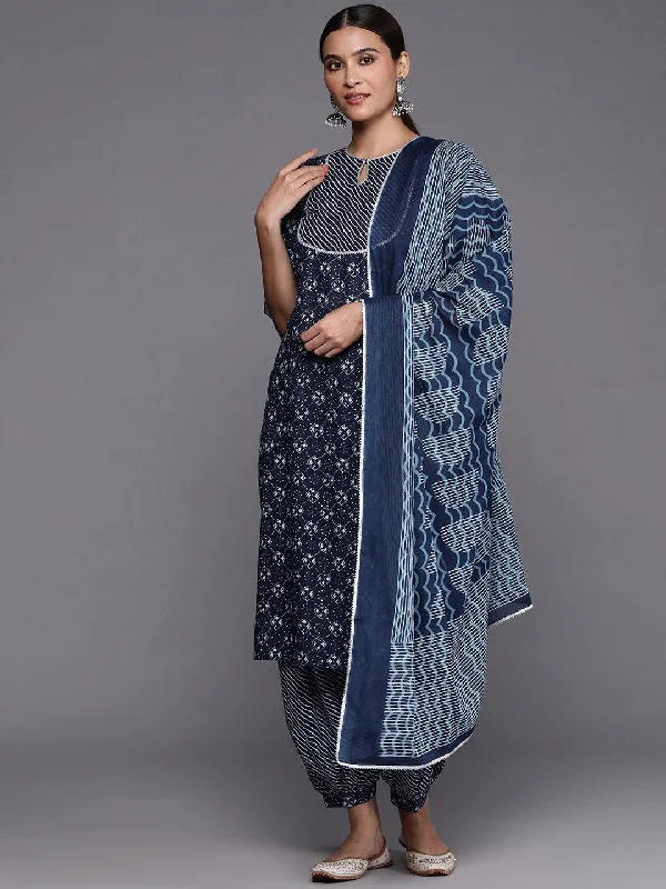 Women's Jumpsuits with Capri LengthBlue Yoke Design Cotton Straight Kurta With Salwar & Dupatta