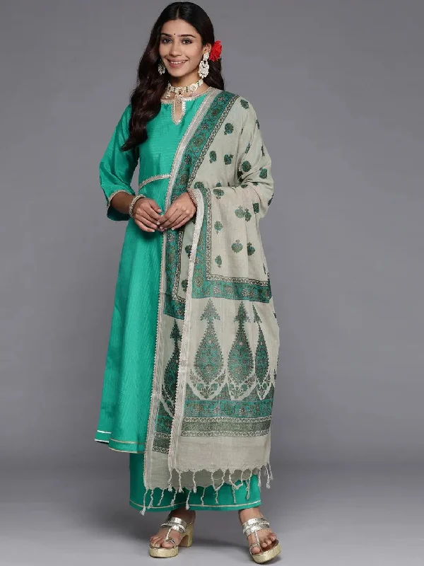 Women's Jumpsuits with Keyhole CollarGreen Solid Silk Blend Anarkali Kurta With Palazzos & Dupatta