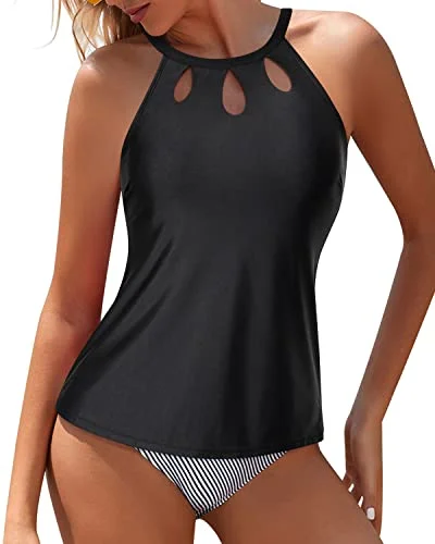 High Waisted & Keyhole Design Two Piece Tankini Bathing Suit-Black Stripe