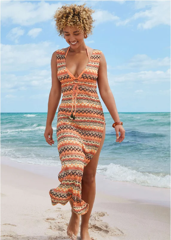 Women's Flared DressesCrochet Maxi Cover-Up Dress - Tan Combo