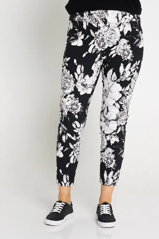 Women's Jodhpurs with High WaistMoira Pants - Black/White Floral