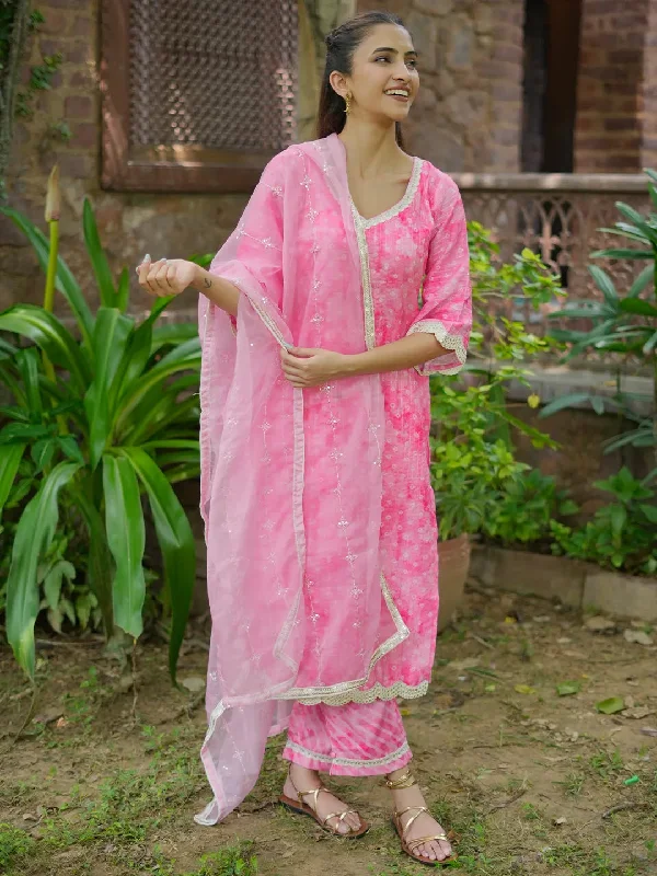 Women's Jumpsuits with Wide LegPink Printed Cotton Straight Suit With Dupatta