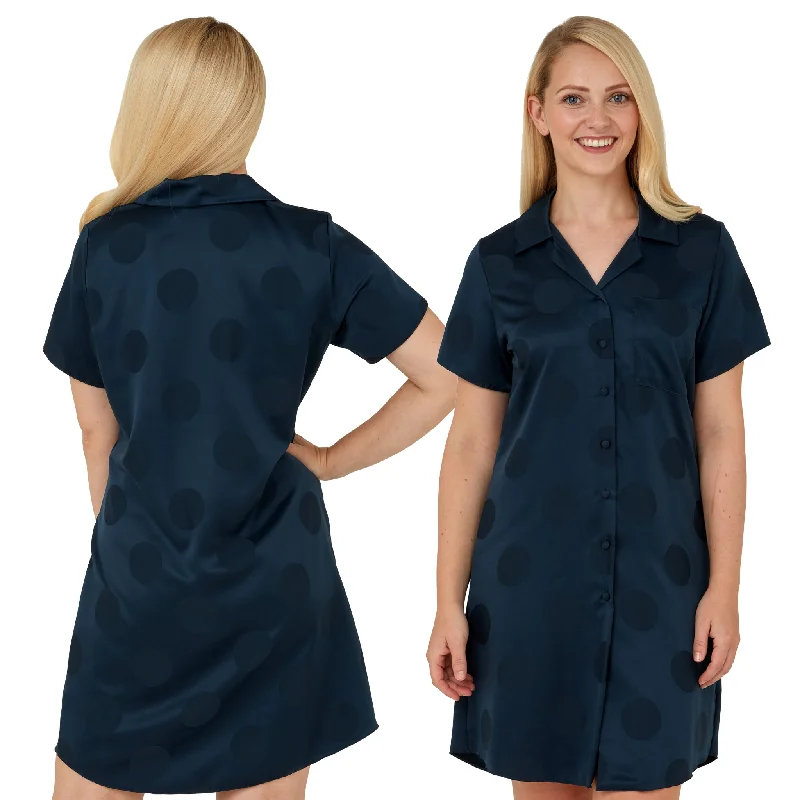 women's pajamas in a cozy, plush fabricDark Teal Blue Jacquard Spot Satin Nightshirt Nightie Short Sleeve Negligee PLUS SIZE