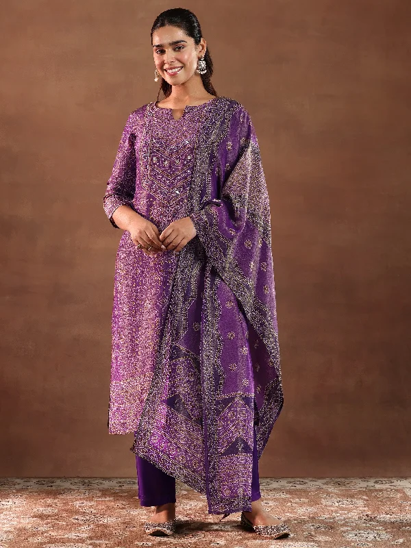 Women's Jumpsuits with SleevesPurple Printed Silk Blend Straight Suit With Dupatta