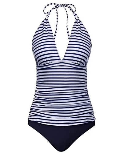 Halter V Neck Tankini Set Bikini Bottom Tummy Control Bathing Suits-Blue White Stripe