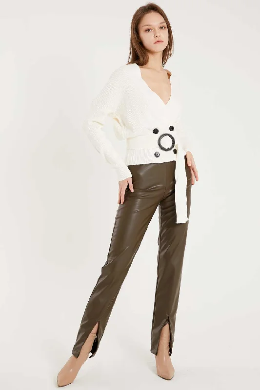 Women's Jodhpurs with Wide LegNoor Front Slit Pleather Pants