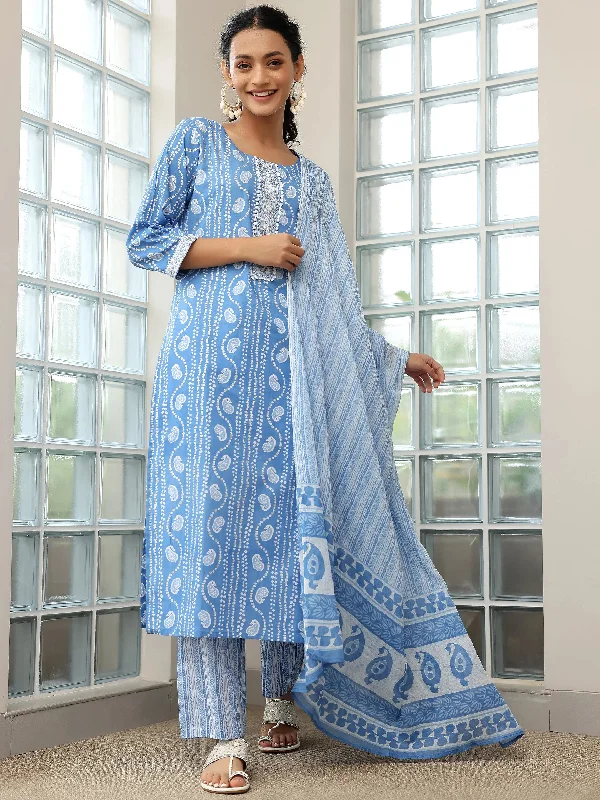 Women's Jumpsuits with DrawstringBlue Printed Cotton Straight Suit With Dupatta