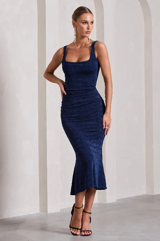 Women's Mini DressesEvora | Navy Ruched Square-Neck Midi Dress