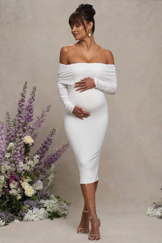 Women's Racerback DressesPatiently Waiting | White Maternity Ruched Mesh Bardot Midi Dress