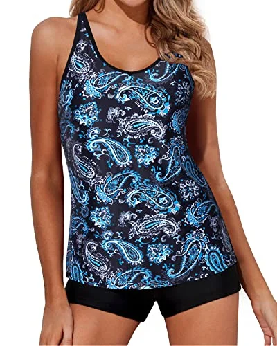 Women's Geometric/Stripe Pattern Tankini Top Tummy Control Boy Shorts-Blue Paisley